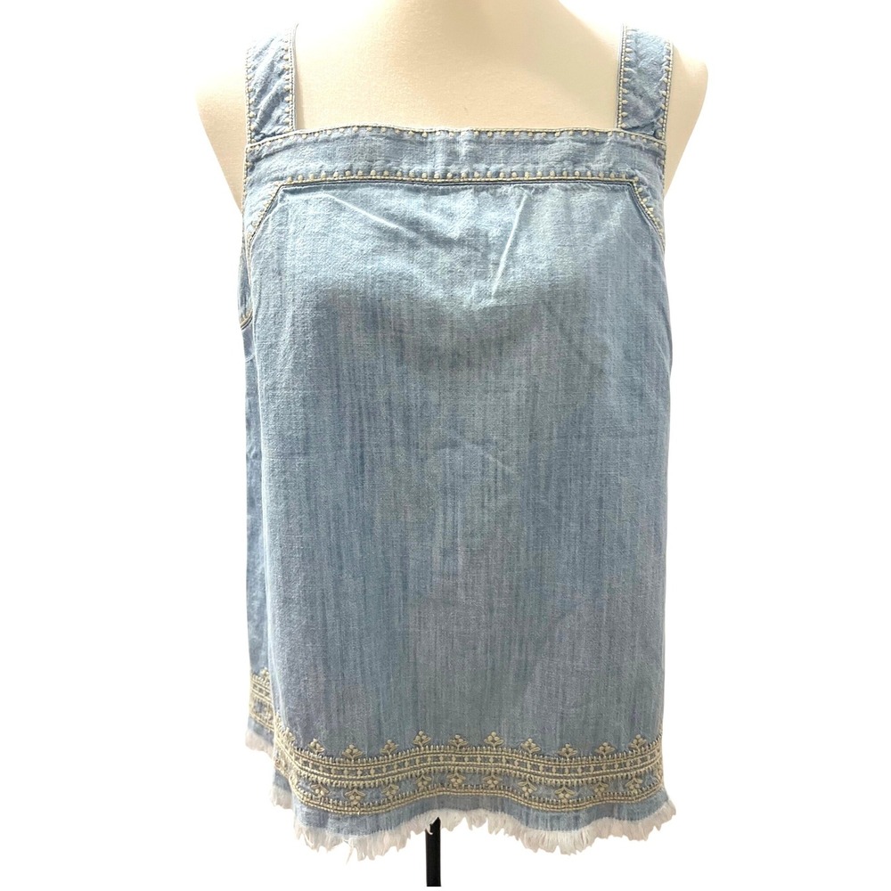 Chambray Denim Women Light Wash Boho Blue Embroidered Frayed Hem Tank Top Small